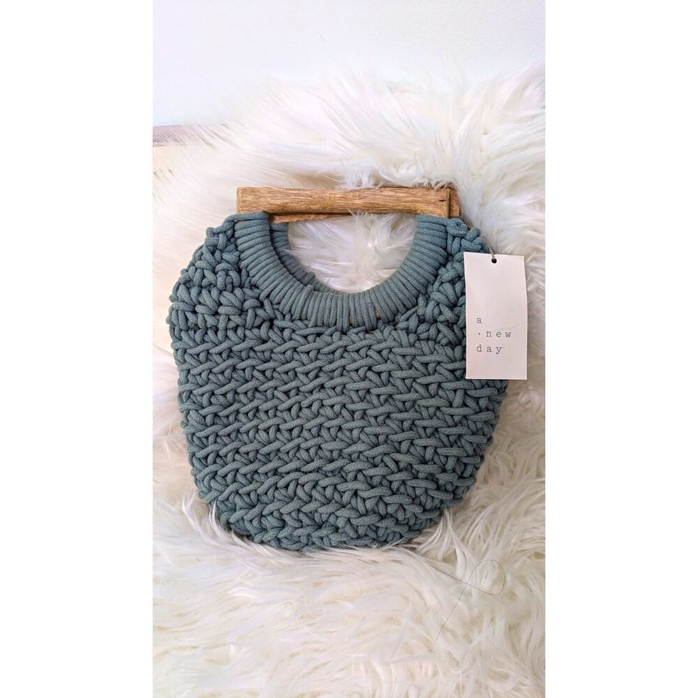 A New Day Blue Crochet Knit Tote Bag Wooden Top Handle Lined Small Boho